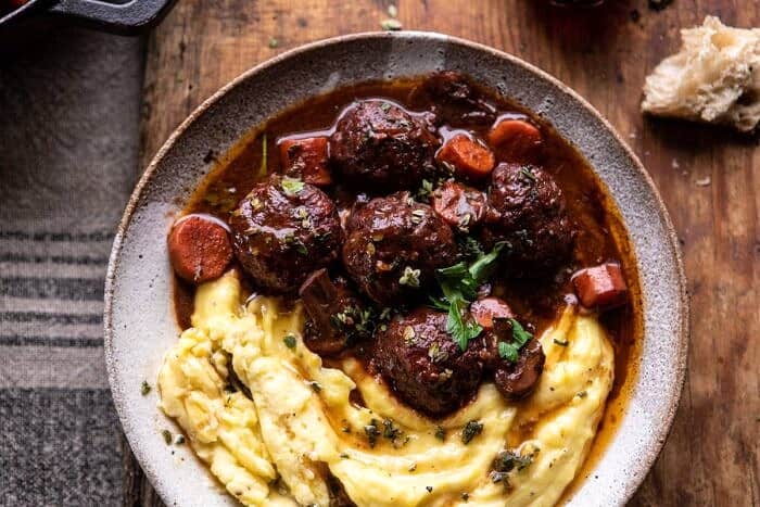 horizontal photo of 30 Minute Coq au Vin Chicken Meatballs with browned Butter Mashed Potatoes 