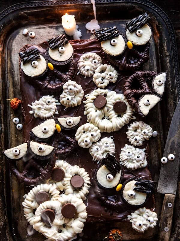 BOO! Spooky Monster Chocolate Covered Pretzel Brownies | halfbakedharvest.com #halloween #brownies #easyrecipes #dessert #fall