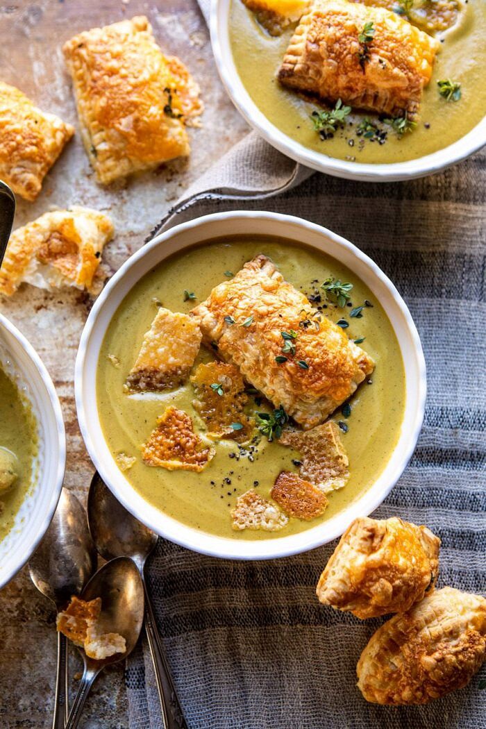 overhead photo of Creamy Broccoli and Butternut Squash Soup with Cheddar Brie Pastries