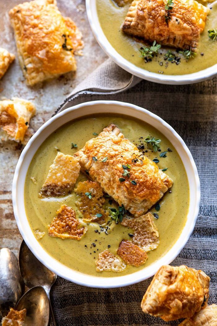overhead close up photo of Creamy Broccoli and Butternut Squash Soup with Cheddar Brie Pastries 