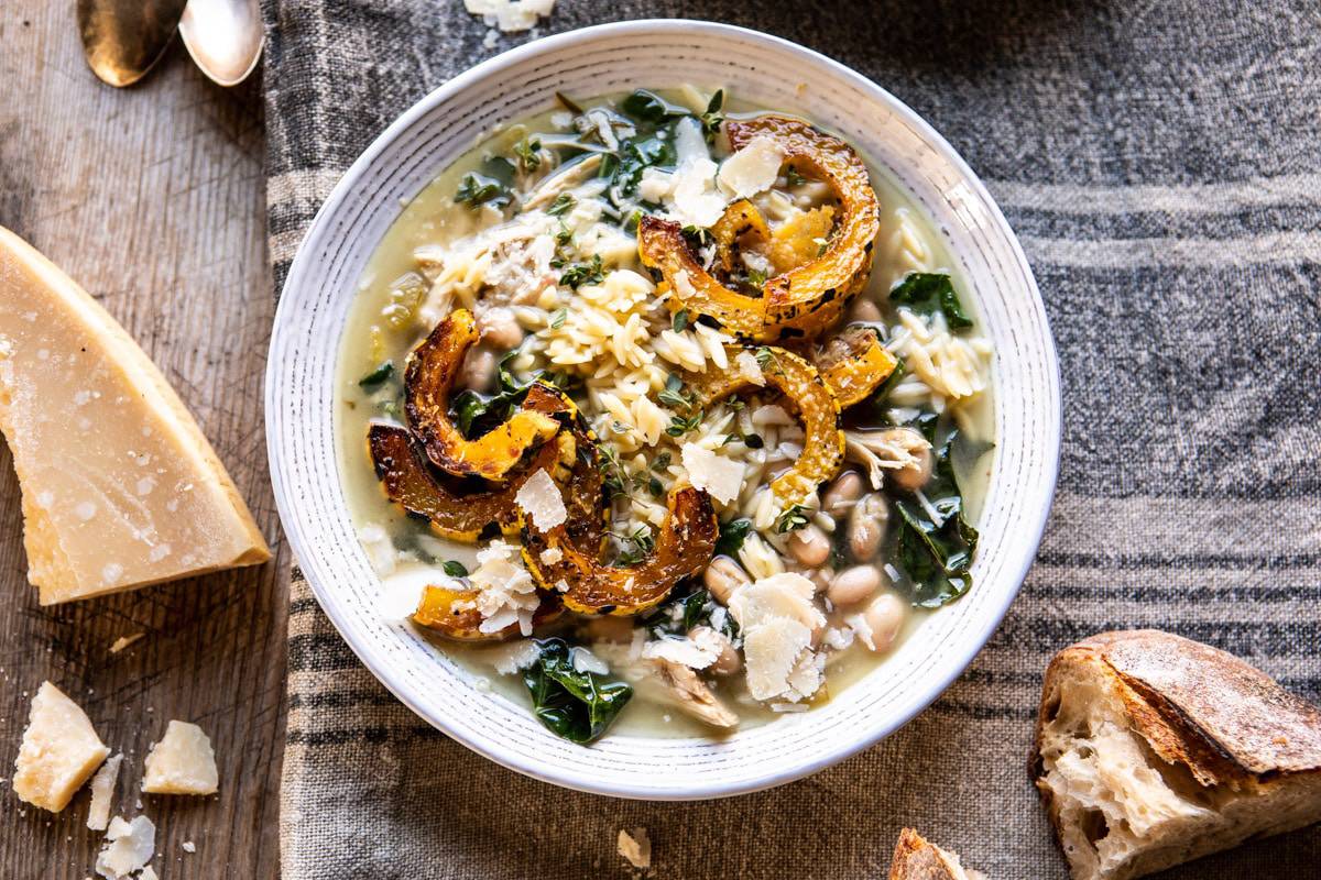 Crockpot Parmesan White Bean Chicken Soup with Roasted Delicata Squash ...