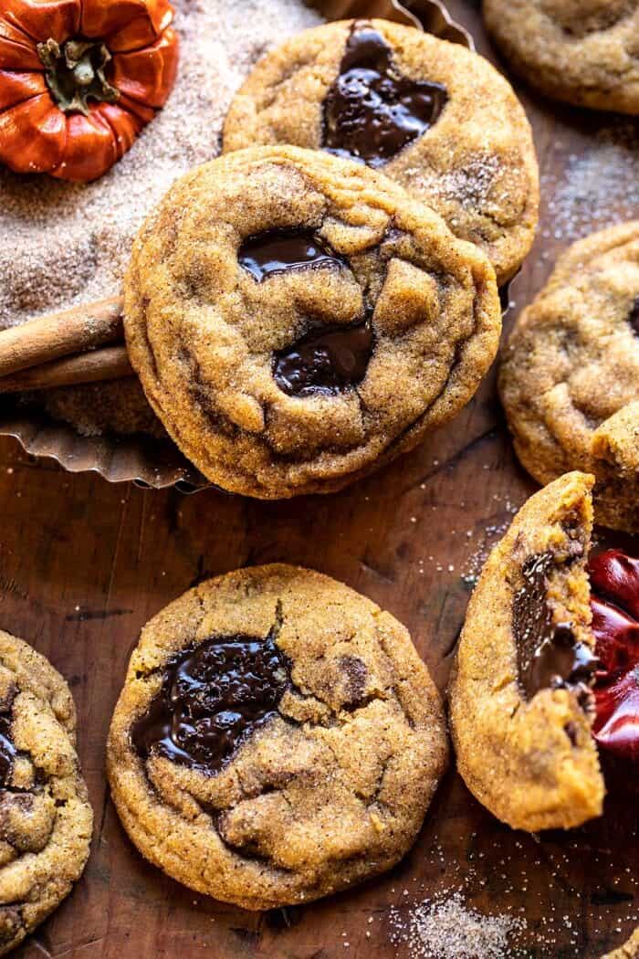 overhead close up photo of Pumpkin Butter Chocolate Chip Cookies
