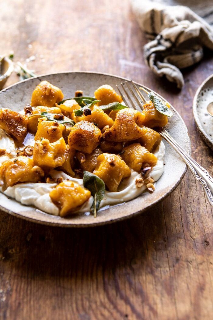 side angled photo of Pumpkin Cauliflower Gnocchi with Nutty Browned Butter and Whipped Ricotta