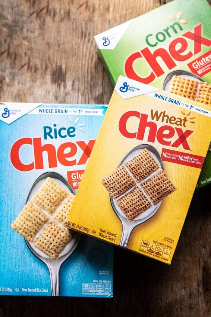 overhead photo of chex cereal boxes 