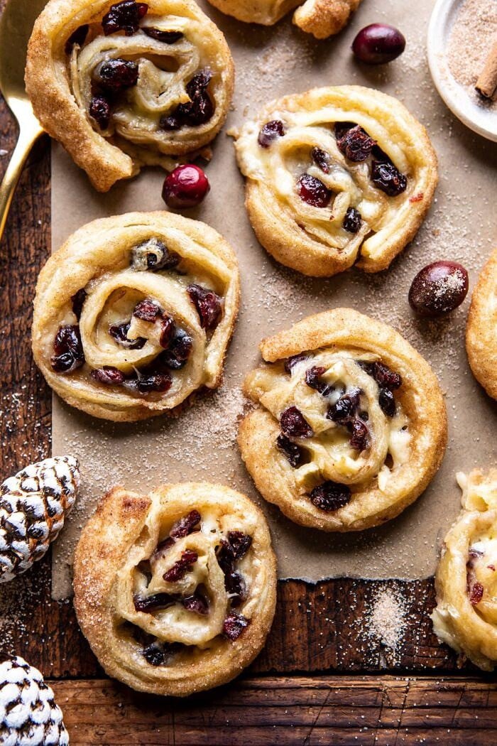 overhead photo of 5 Ingredient Cranberry Brie Cinnamon Puff Pastry Swirls 