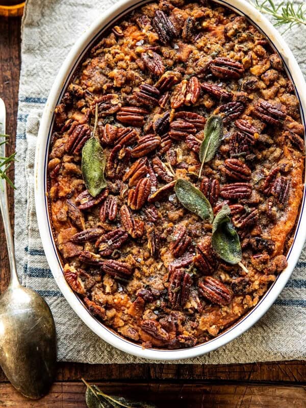 Bourbon Sweet Potato Casserole with Sweet n Savory Bacon Pecans | halfbakedharvest.com #sweetpotatoes #thanksgiving #casserole