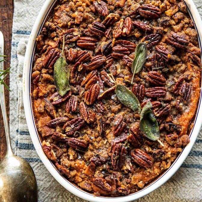 Bourbon Sweet Potato Casserole with Sweet n Savory Bacon Pecans | halfbakedharvest.com #sweetpotatoes #thanksgiving #casserole