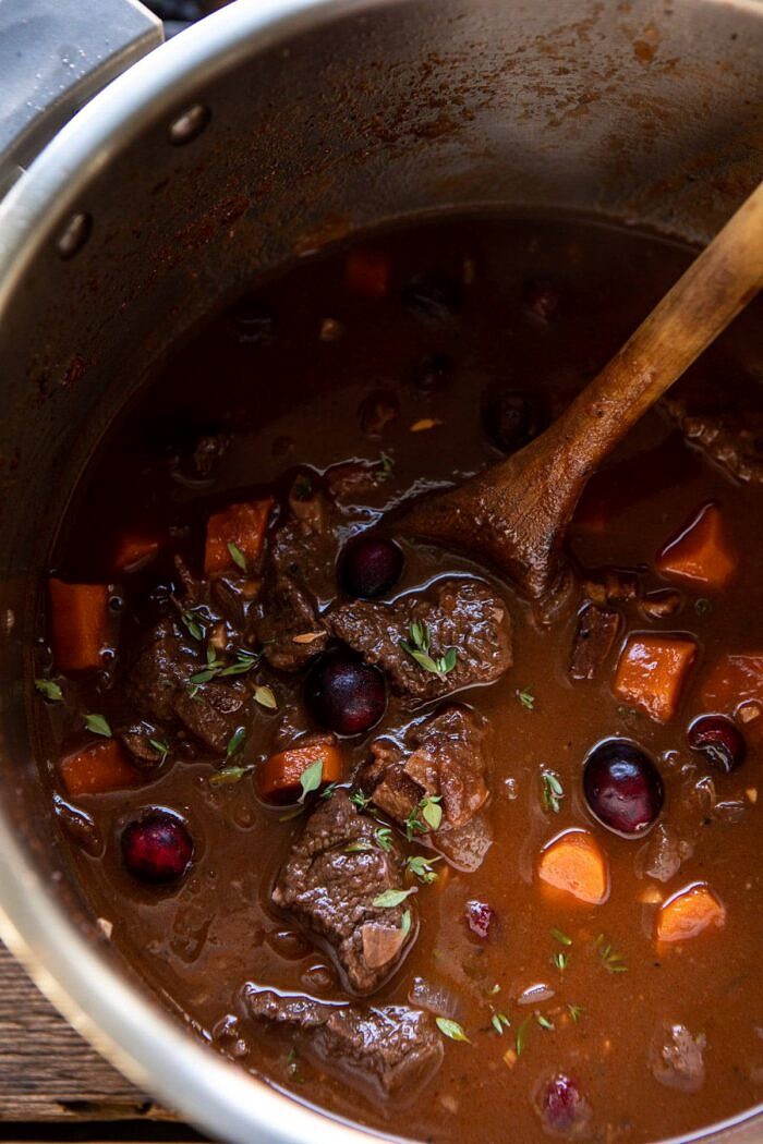 Cranberry Cider Braised Beef Stew in instant pot after cooking 