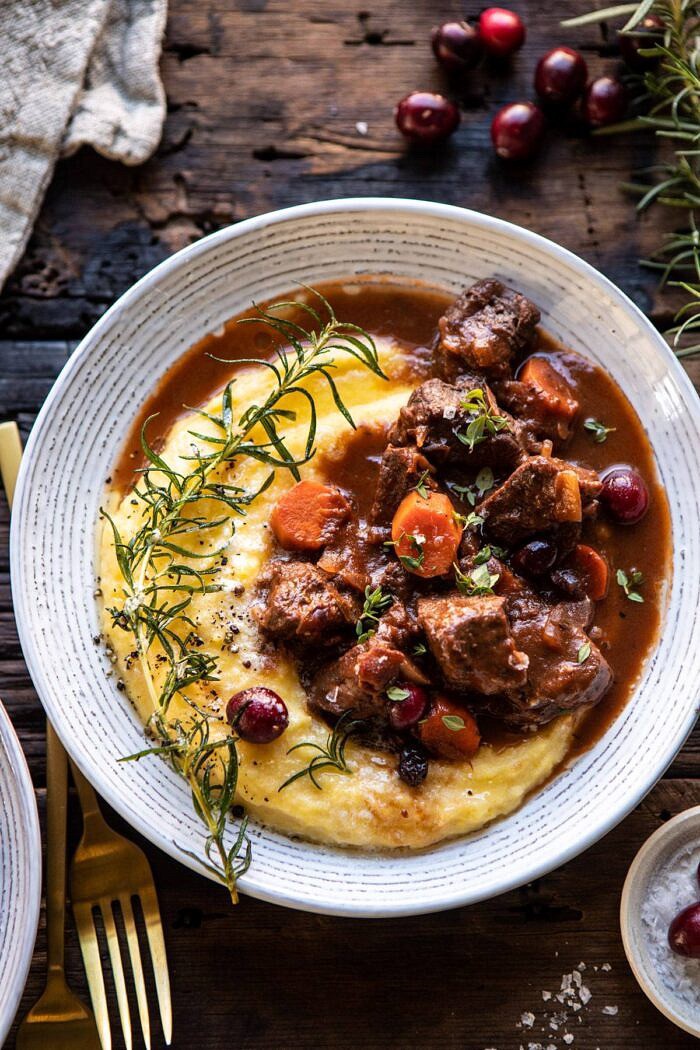 overhead close up photo of Cranberry Cider Braised Beef Stew with Rosemary Polenta