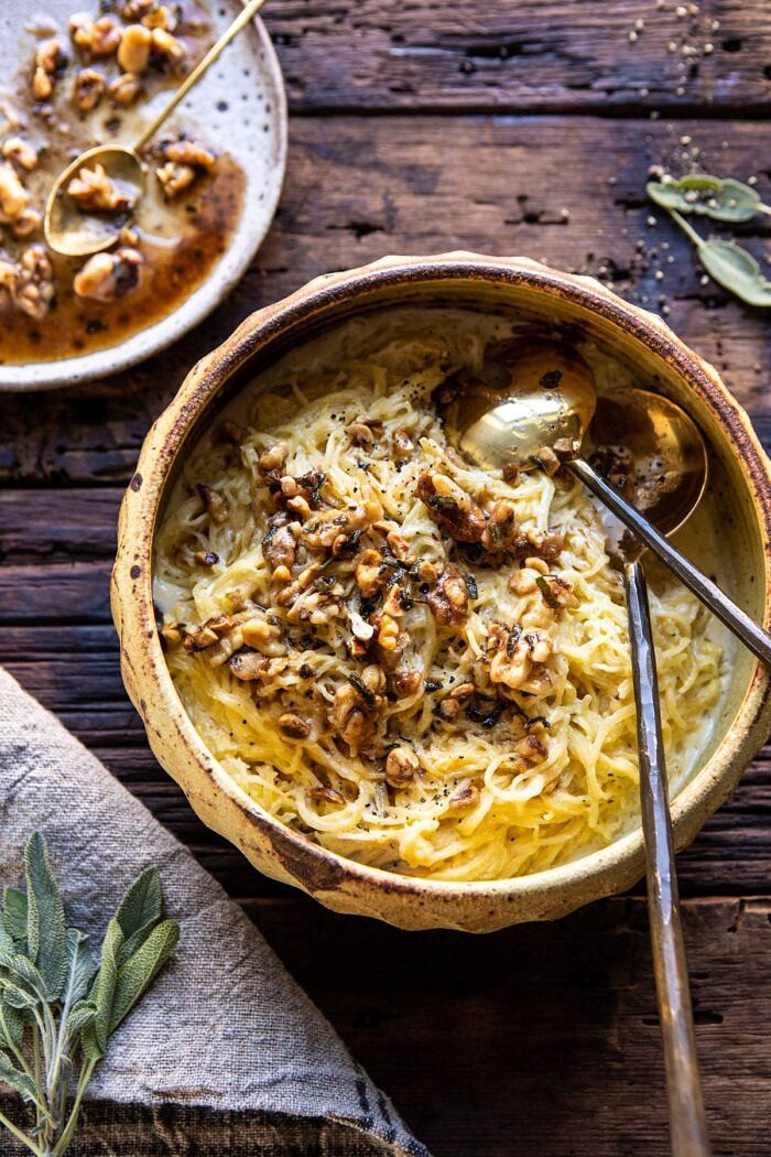 overhead photo of Creamed Spaghetti Squash with Browned Butter Walnuts