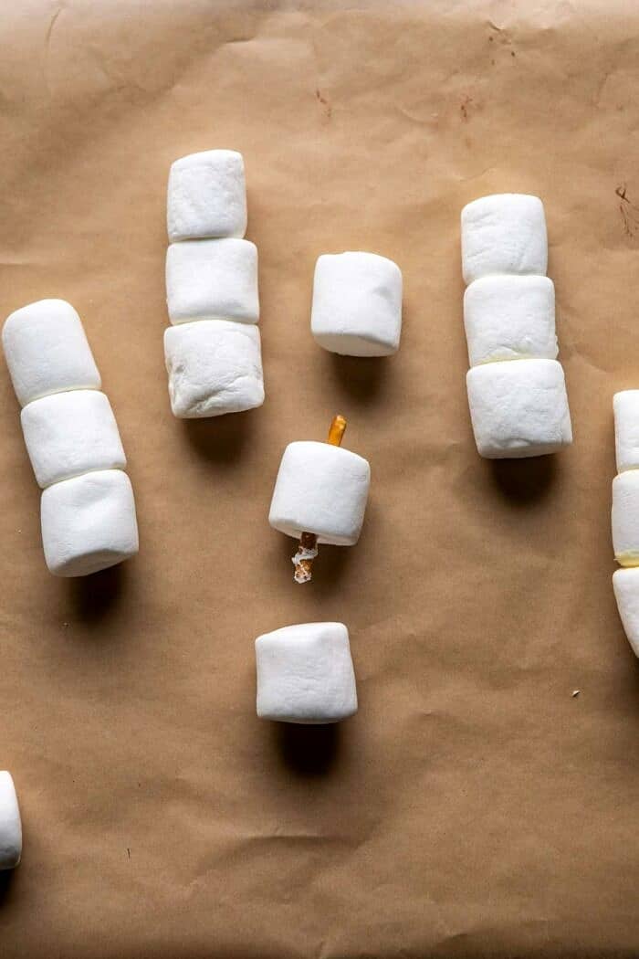 process photo of assembling snowman marshmallows 