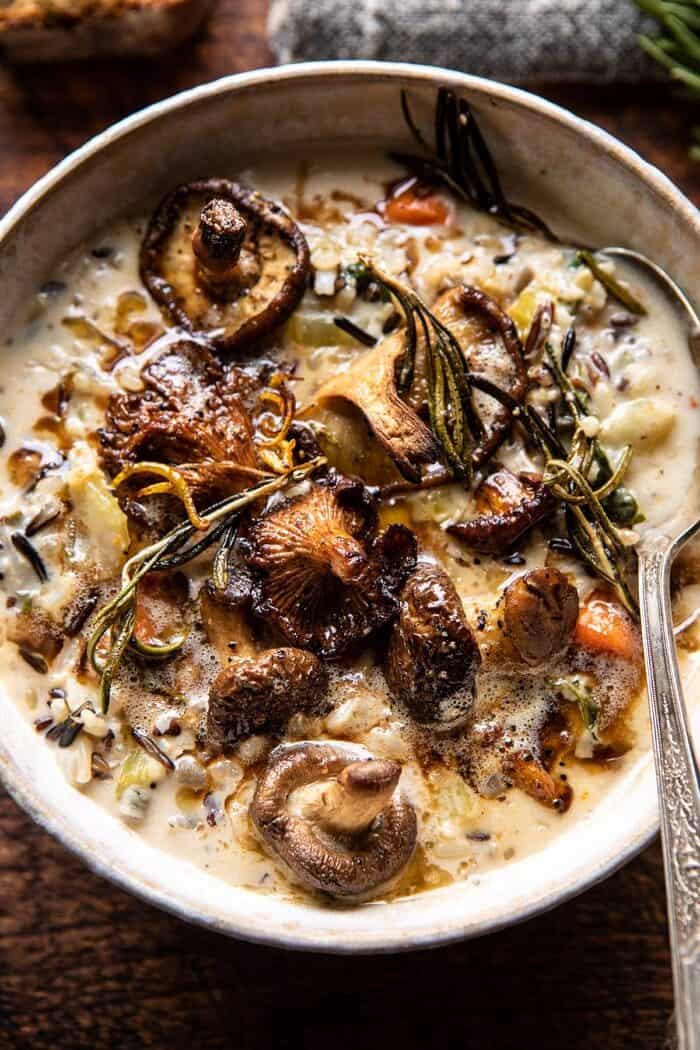 Creamy Wild Rice Chicken Soup with Roasted Mushrooms | halfbakedharvest.com #slowcooker #crockpot #instantpot #soup #wildrice