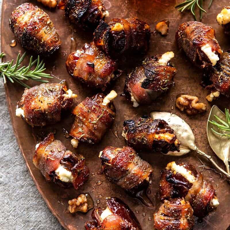 Goat Cheese Stuffed Bacon Wrapped Dates with Rosemary Honey | halfbakedharvest.com #dates #goatcheese #thanksgiving #appetizer