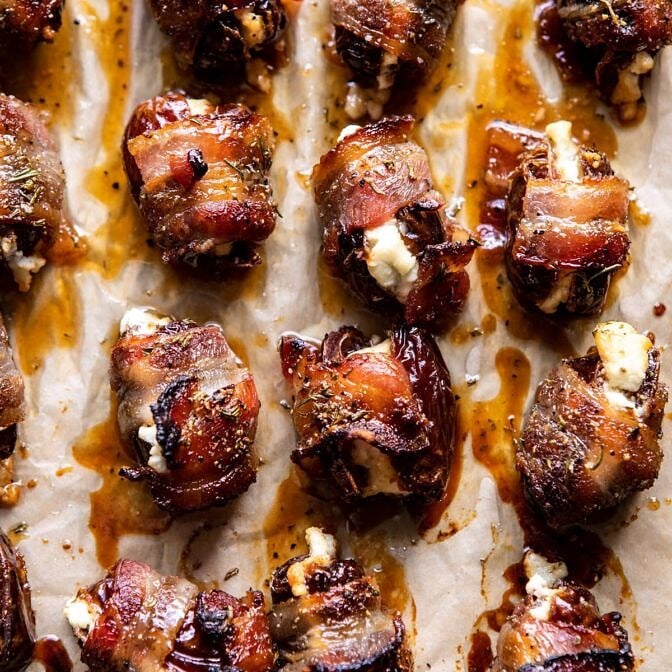 Goat Cheese Stuffed Bacon Wrapped Dates with Rosemary Honey | halfbakedharvest.com #dates #goatcheese #thanksgiving #appetizer