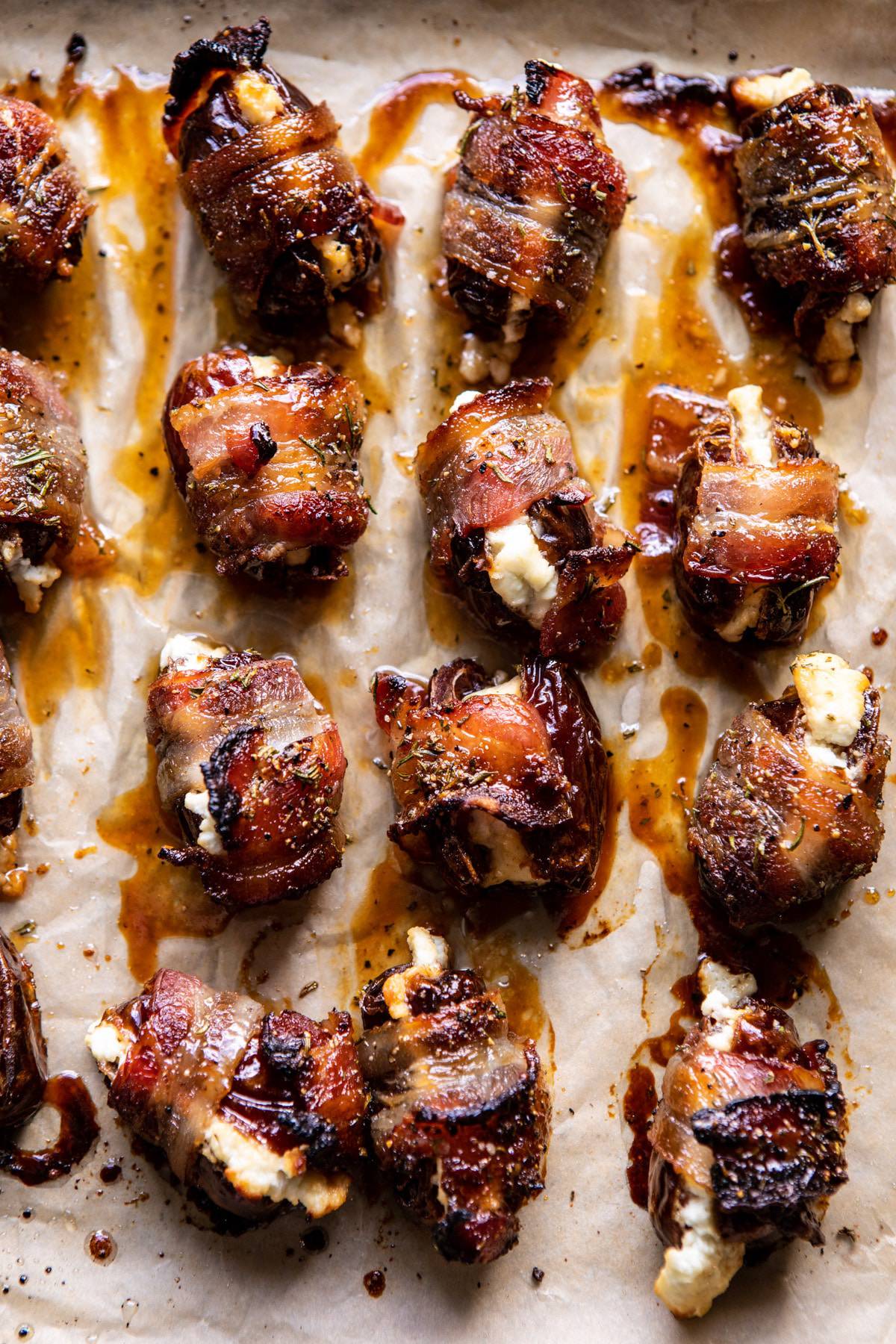 Goat Cheese Stuffed Bacon Wrapped Dates with Rosemary Honey | halfbakedharvest.com #dates #goatcheese #thanksgiving #appetizer