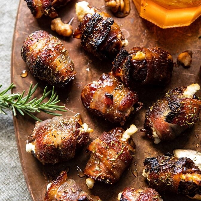 Goat Cheese Stuffed Bacon Wrapped Dates with Rosemary Honey | halfbakedharvest.com #dates #goatcheese #thanksgiving #appetizer