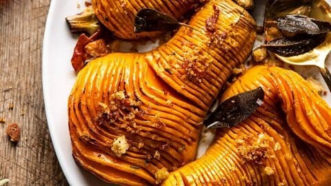 Hasselback Butternut Squash with Sage Butter and Prosciutto Breadcrumbs | halfbakedharvest.com #thanksgiving #sidedishes #butternutsquash