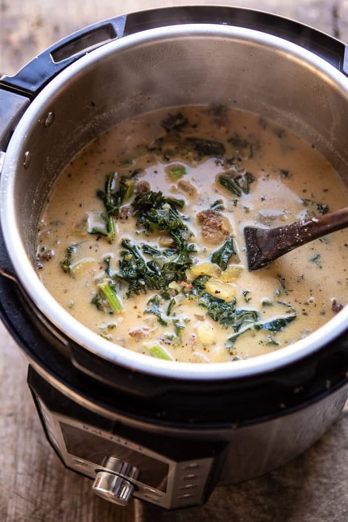 Instant Pot Pesto Zuppa Toscana in instant pot, before serving