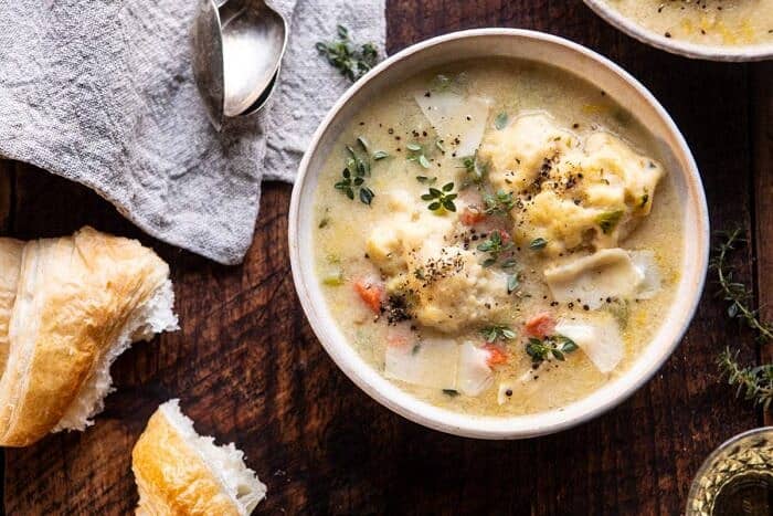 horizontal photo of One Pot Creamy Turkey and Potato Dumplings in soup bowl 