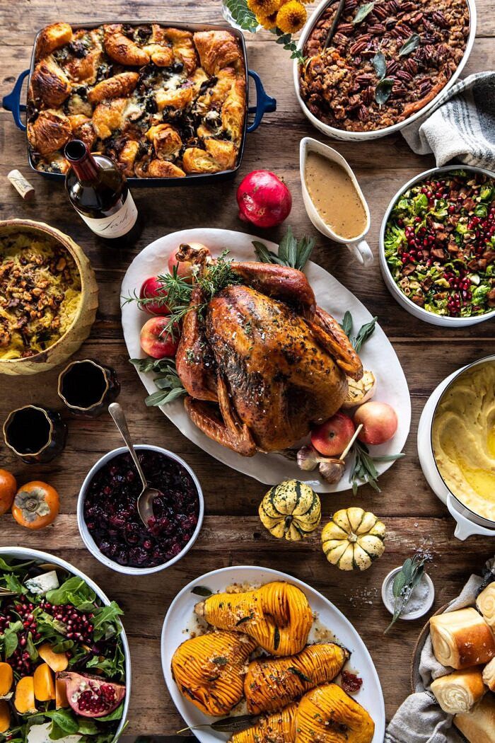 overhead photo of Our 2019 Thanksgiving Menu with roasted turkey in center of photo and sides around turkey