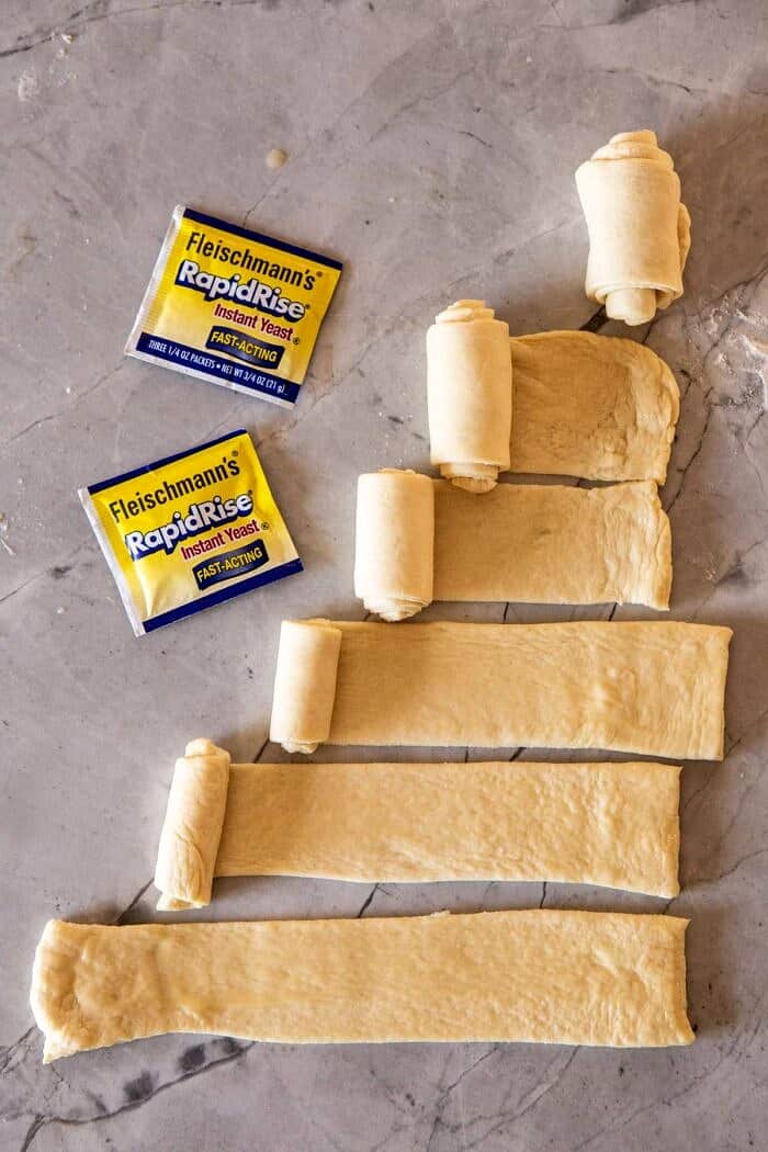 overhead photo of Salted Honey Butter Parker House Roll dough, process shot