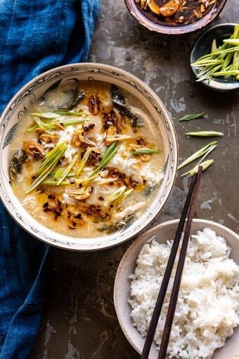30 Minute Chinese Egg Drop Chicken Rice Soup with Garlicky Chile Oil | halfbakedharvest.com #chinese #easyrecipes #30minutedinner #soup