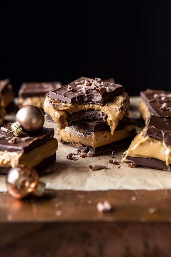 5 Ingredient Triple Decker Chocolate Peanut Butter Bars | halfbakedharvest.com #peanutbutter #chocolate