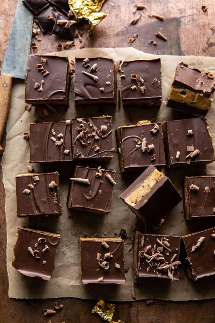 overhead photo of 5 Ingredient Triple Decker Chocolate Peanut Butter Bars