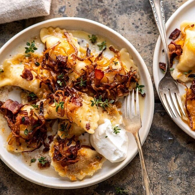 Cheddar Pierogies with Caramelized Onions and Bacon | halfbakedharvest.com #pierogi #homemade #Christmas