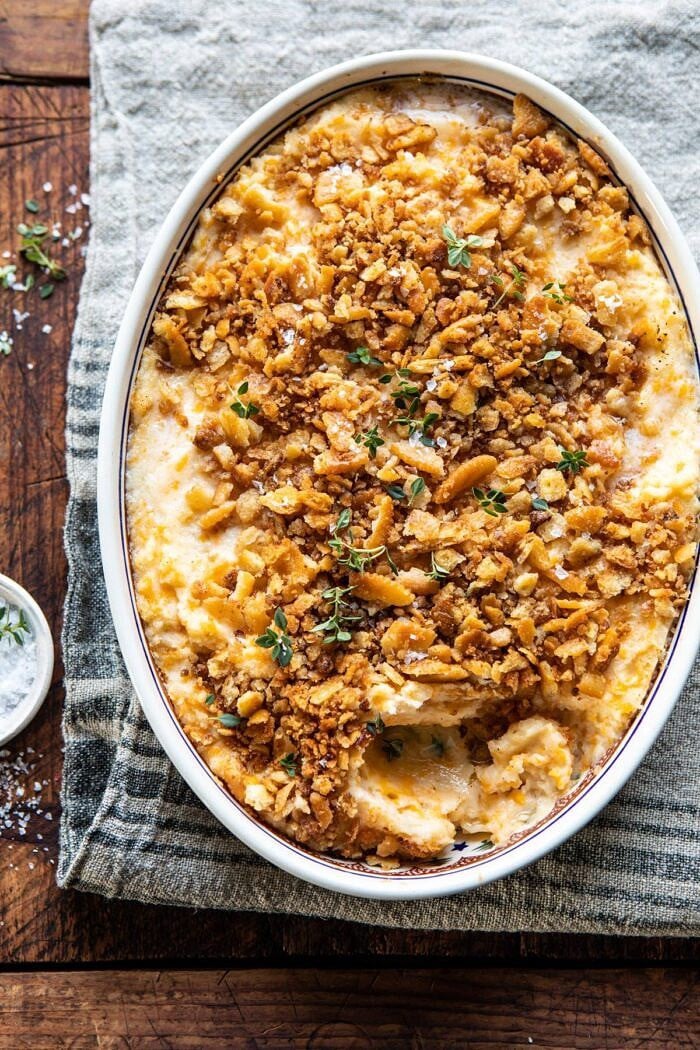 overhead photo of Cheesy Potato Casserole with Buttery Ritz Crackers 