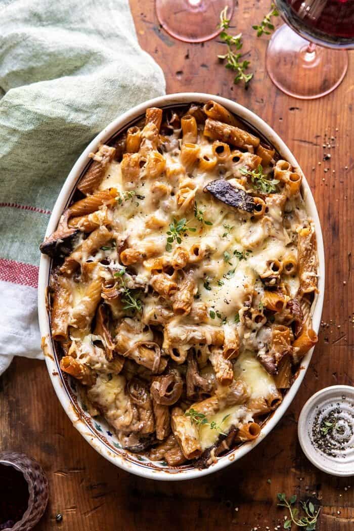 overhead photo of One Pot Creamy French Onion Pasta Bake