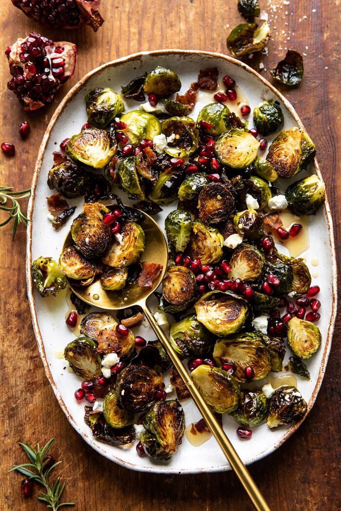 overhread photo of Roasted Bacon Brussels Sprouts with Salted Honey