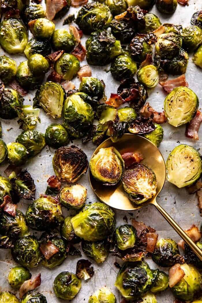 Roasted Bacon Brussels Sprouts on baking sheet before plating 