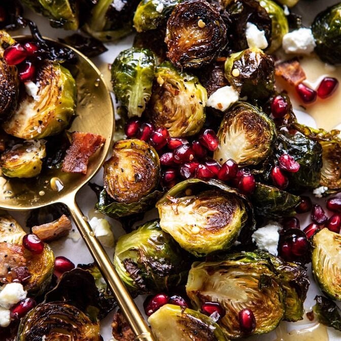 Roasted Bacon Brussels Sprouts with Salted Honey | halfbakedharvest.com #brusselssprouts #healthy