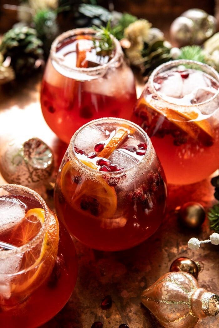 side angled photo of Sparkling Christmas Party Punch in cocktail glasses 