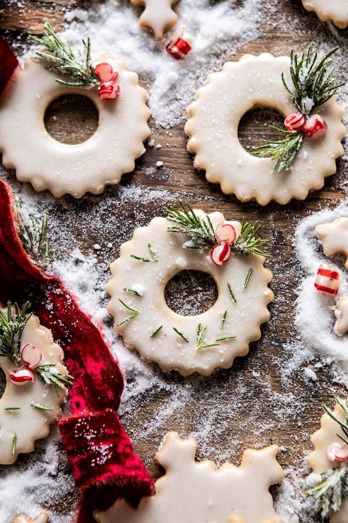 overhead close up photo of Vanilla Wreath Cookies 