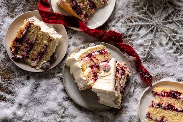 overhead photo of White Christmas Cranberry Layer Cake