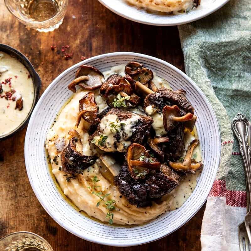 White Wine Braised Short Ribs with Buttered Mushroom Cream Sauce | halfbakedharvest.com #slowcooker #crockpot #shortribs #holiday #christmas