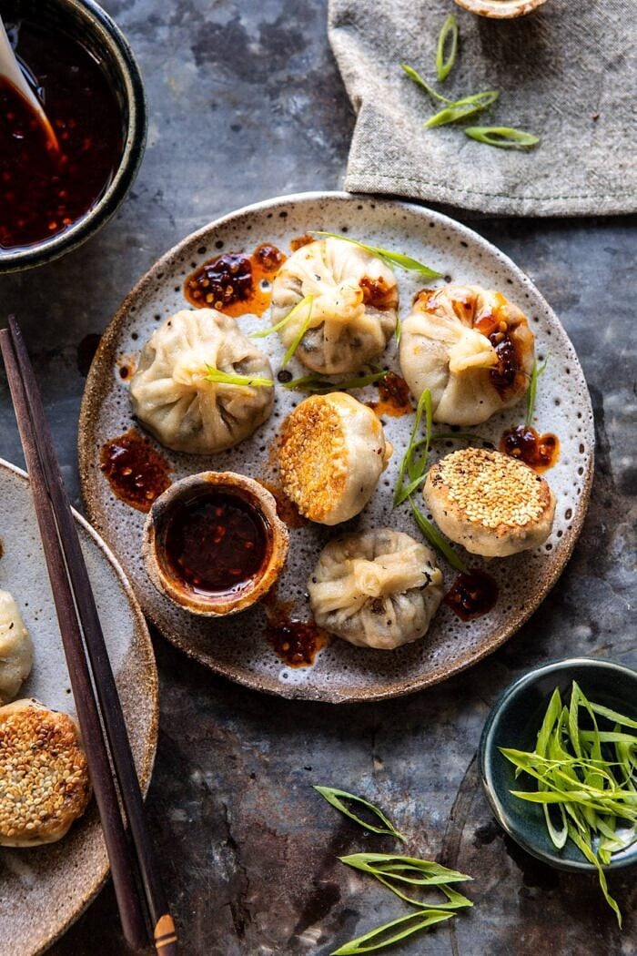 overhead photo of Chinese Mushroom Dumplings with Sweet Chili Ginger Sesame Sauce