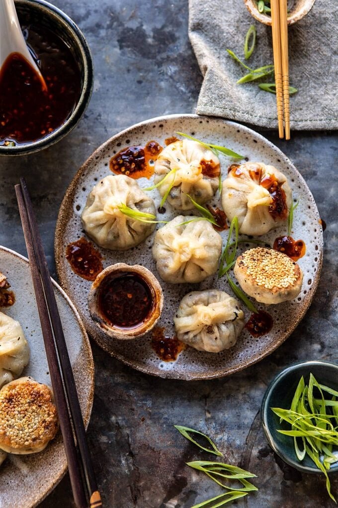 Chinese Mushroom Dumplings with Sweet Chili Ginger Sesame Sauce. Half