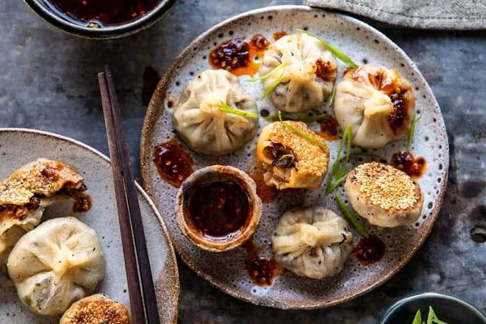 overhead horizontal photo of Chinese Mushroom Dumplings with Sweet Chili Ginger Sesame Sauce 