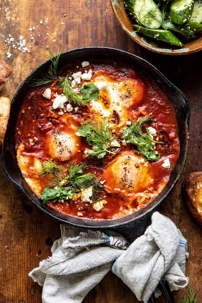 overhead photo of Eggs in Purgatory with Chile Butter and Feta 