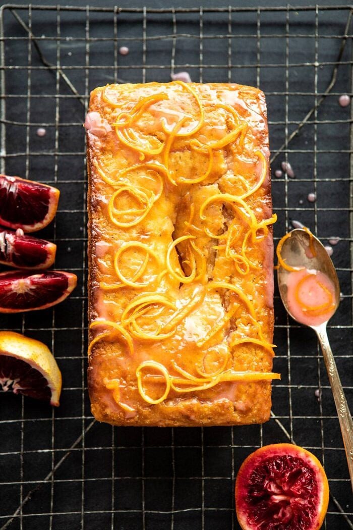 overhead photo of Lemon Poppyseed Cake with Citrus Honey Glaze 