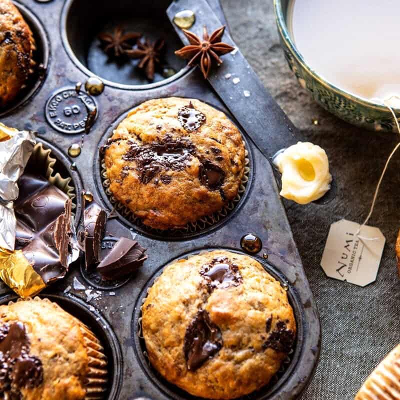 One Bowl Chocolate Chunk Chai Banana Muffins | halfbakedharvest.com #healthy #bananabread #muffin
