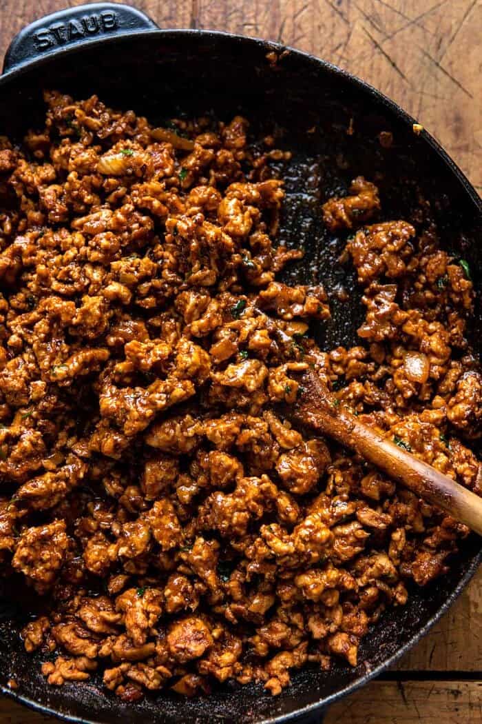 overhead photo of Chipotle Chicken Taco meat in skillet