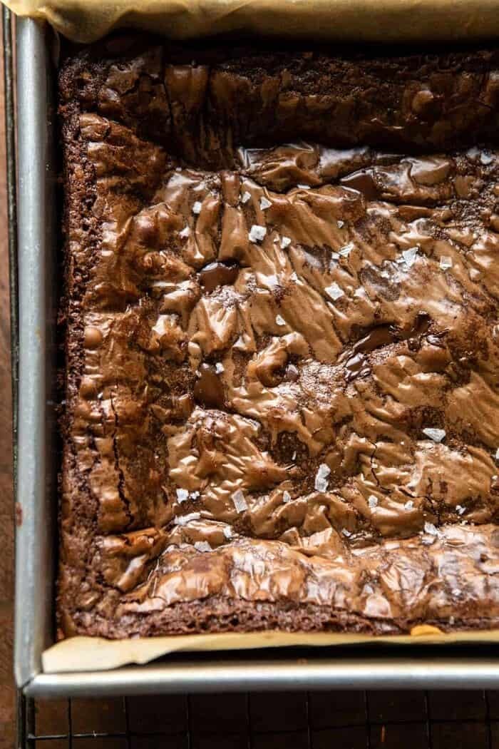 overhead ohoto of Salted Cookie Crinkle Top Brownies in brownie pan after baking 