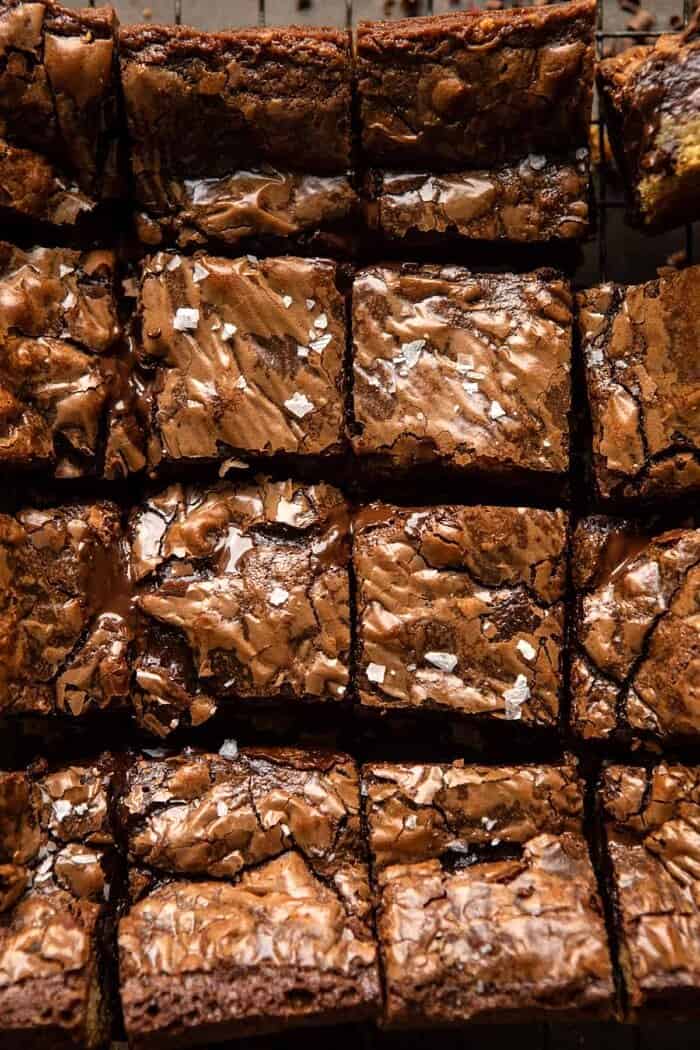 overhead close up photo of Salted Cookie Crinkle Top Brownies