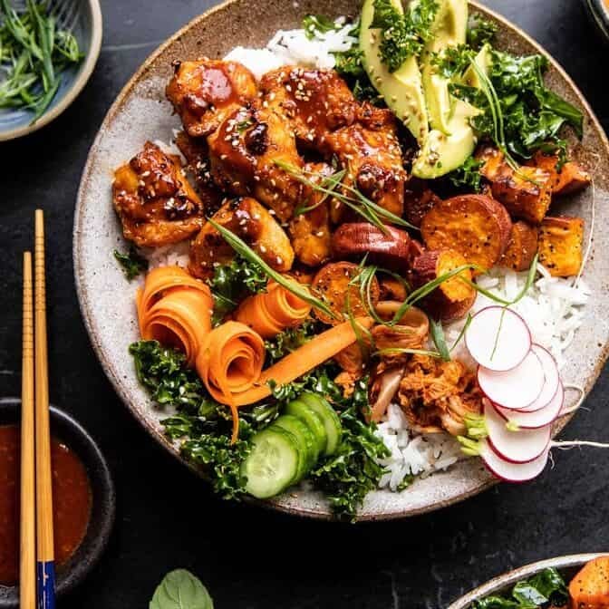 Sheet Pan Korean Chicken Bowl with Sweet Potatoes and Yum Yum Sauce | halfbakedharvest.com #sheetpan #korean