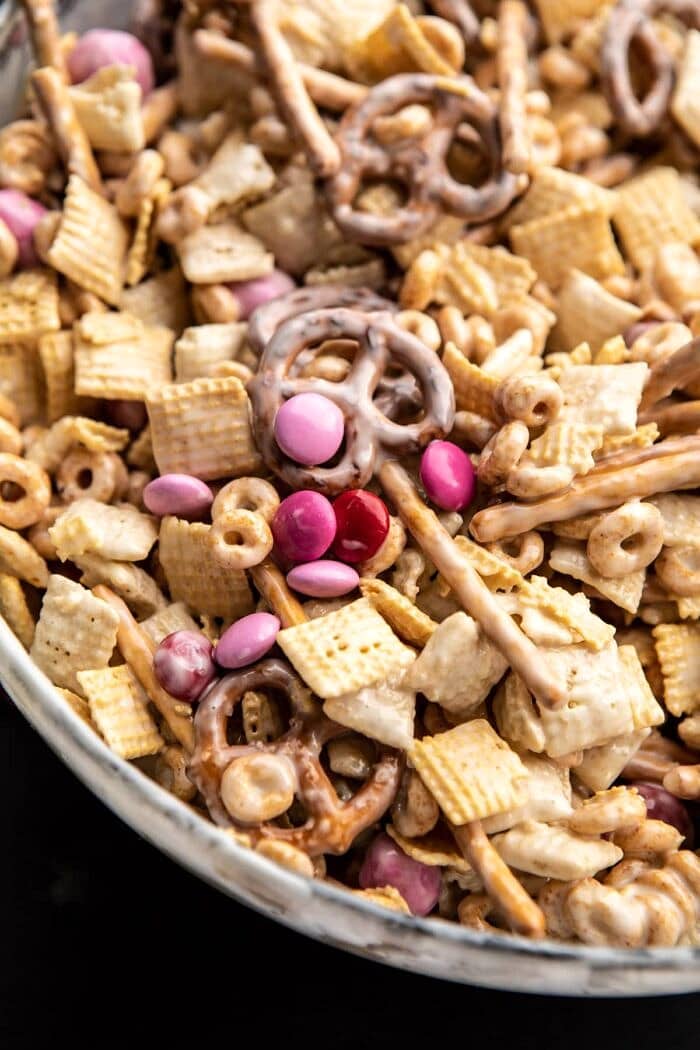 overhead photo of Valentine’s Day Double Chocolate Chex Mix in bowl 