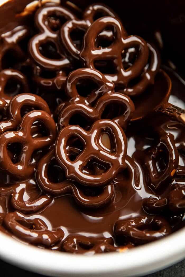 overhead photo of chocolate covered pretzels